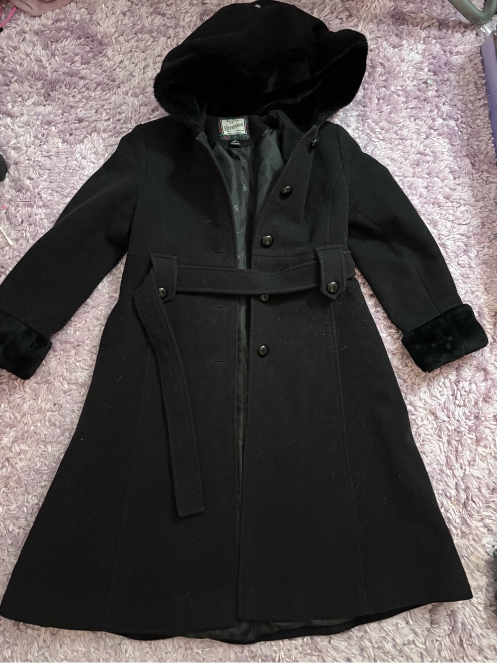 Rothschild Black Hooded Girls' Wool Pea Coat with Belt